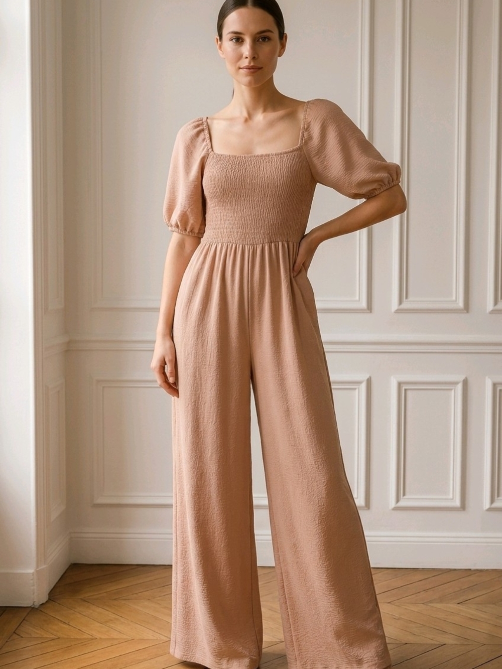 Smocked Square-Neck Wide-Leg Jumpsuit in Dusty Rose